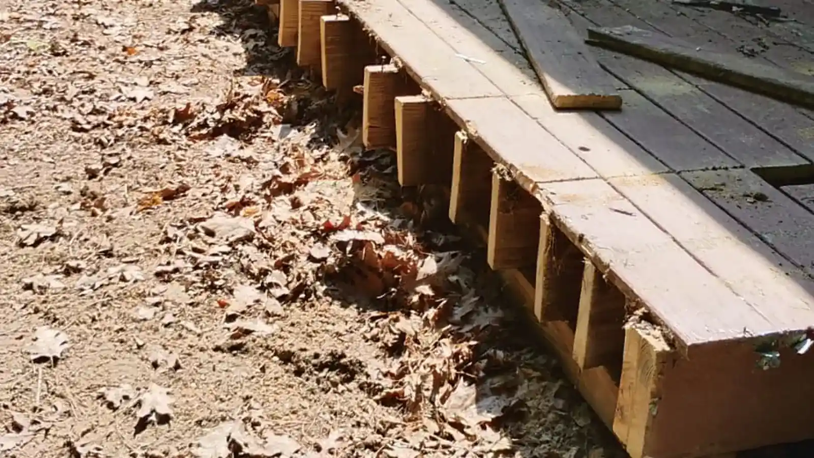 Wooden deck boards pulled up to the joists during a deck tear-out