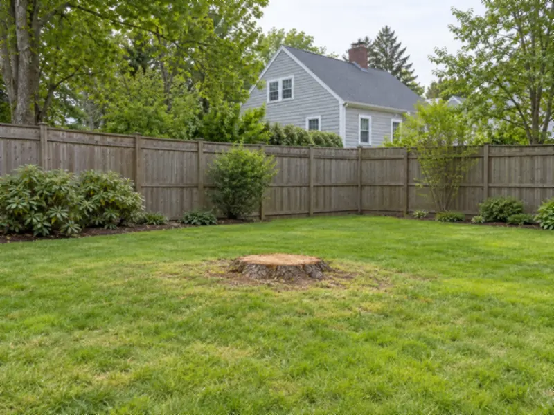 Raked backyard with a low stump left after a tree was taken down