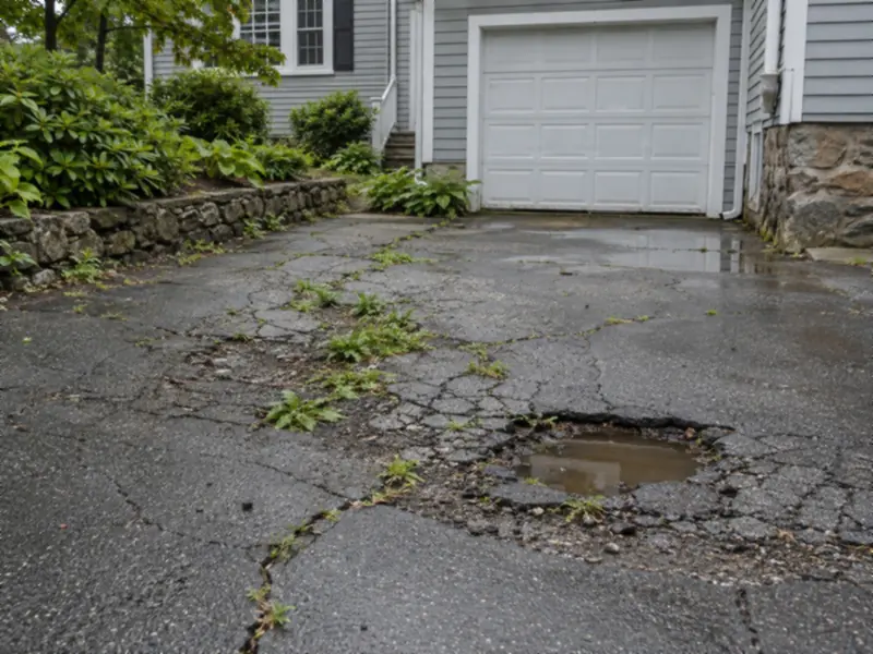 Old asphalt driveway with cracks, potholes and weeds growing through
