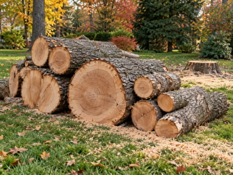 Cut tree trunk sections and logs stacked on a lawn after a tree came down