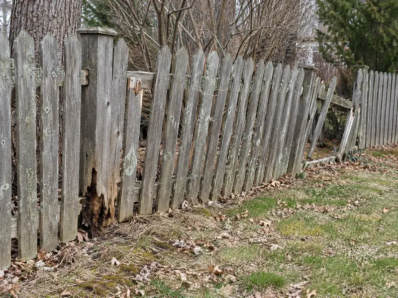 Weathered wood picket fence leaning after winter, with a rotted post at the base