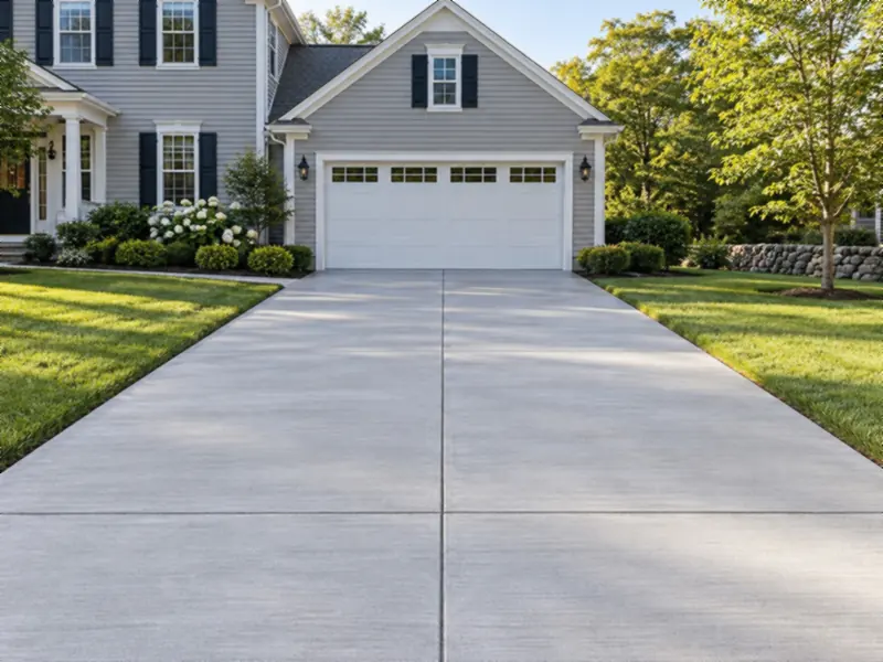 New light-gray concrete driveway with a brushed finish leading to a garage