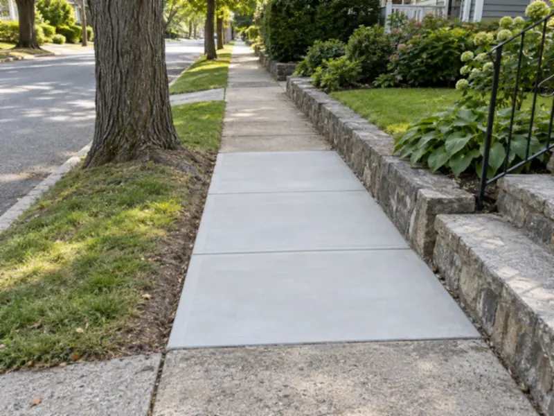 Freshly poured concrete sidewalk section beside older slabs on a residential street