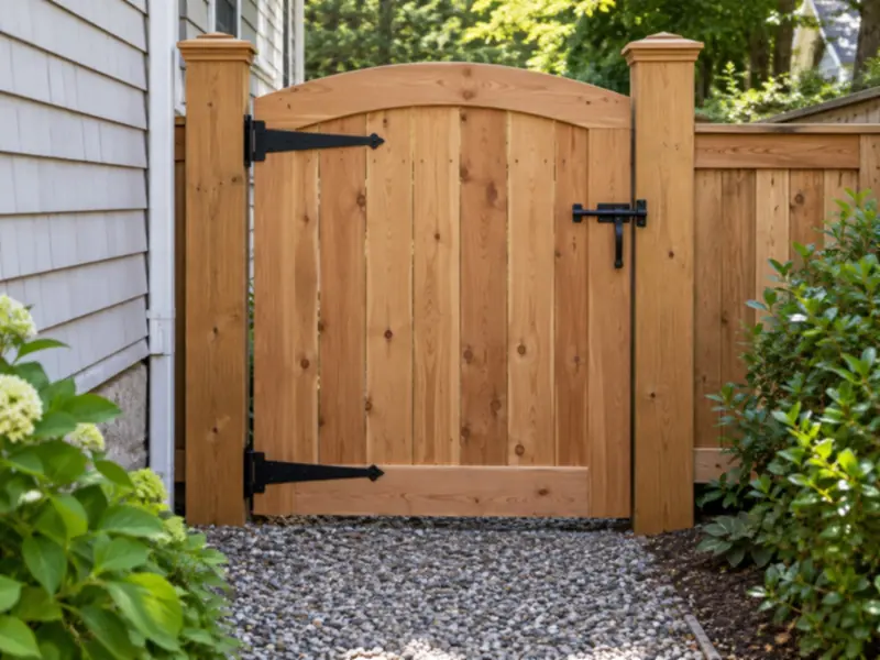 New wooden fence gate with black hinges and latch in a side yard