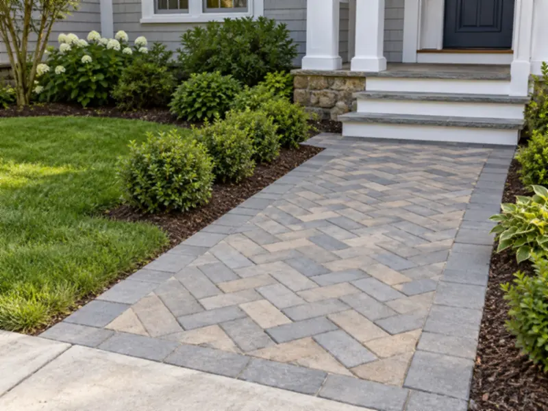 Herringbone paver walkway leading to the front steps of a New England home
