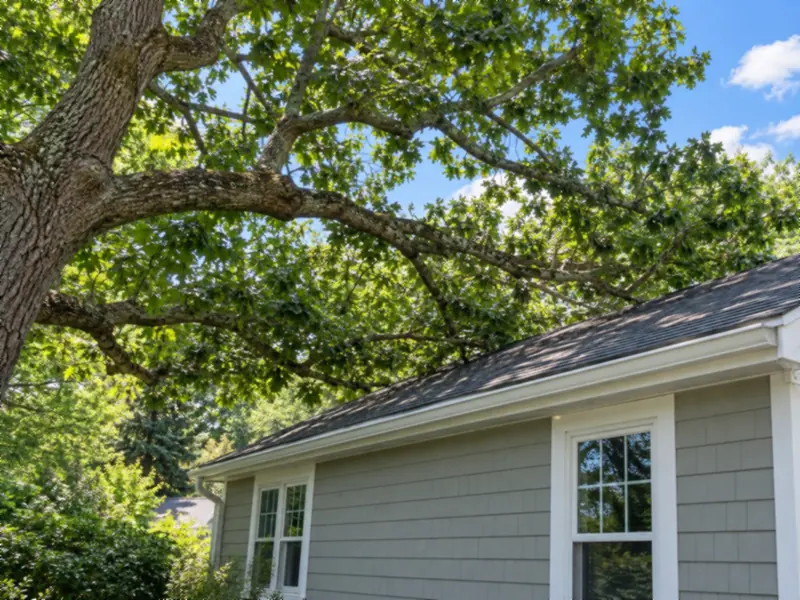 Heavy oak branches hanging low over the roof and gutter of a small house