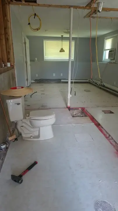 Bathroom opened to the studs during an interior tear-out