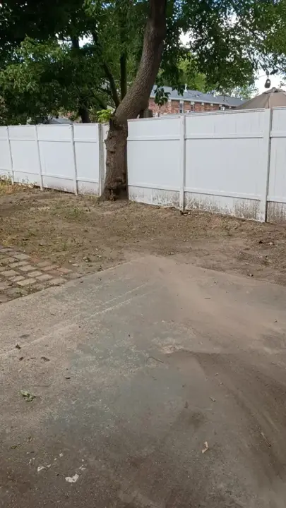Small city backyard by a white fence, clear of branches after a yard cleanup